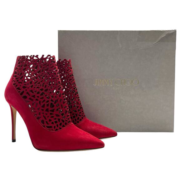JIMMY CHOO Maurice 100mm Laser Cut Suede Ankle Boots EU 38.5 US 8.5 Red Stiletto - Picture 13 of 13
